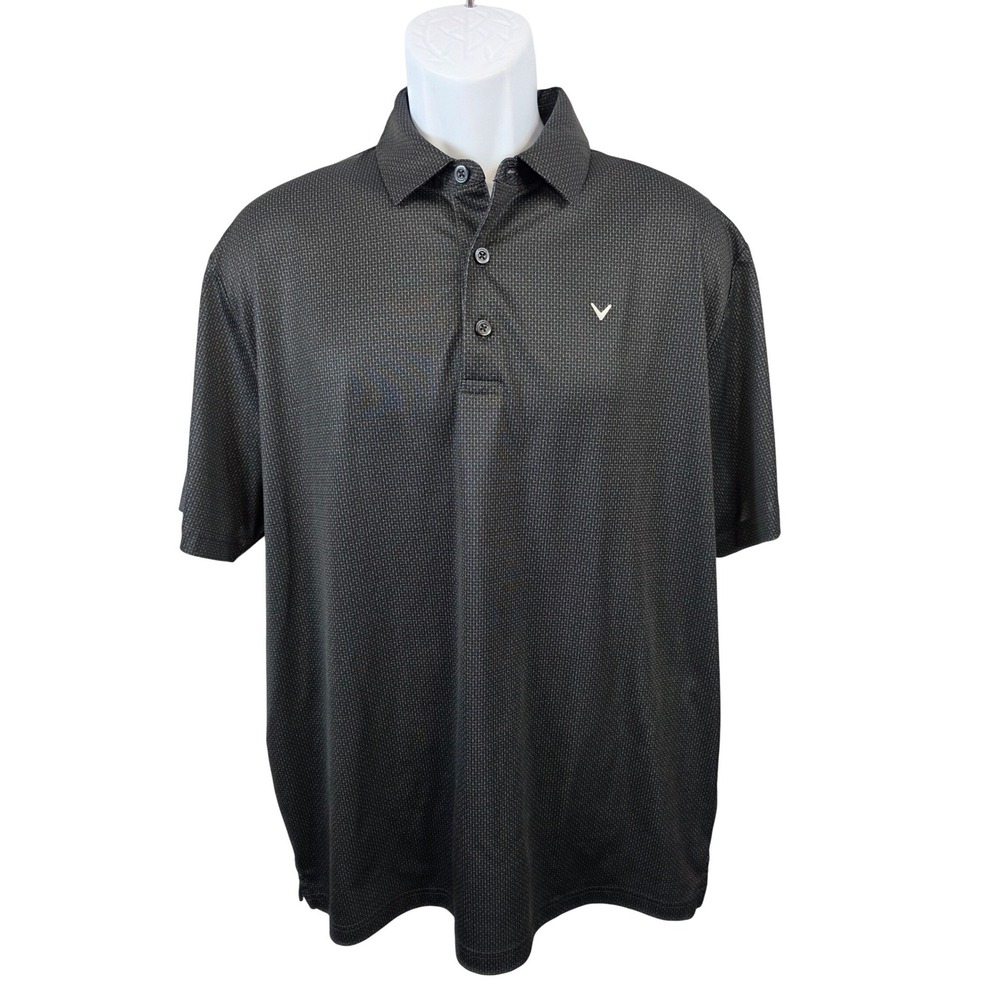 Callaway Opti-Dri Mens Large Black Gray Grid Performance Golf Polo Shirt Logo